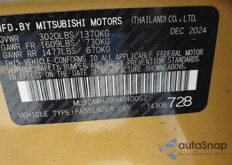 2024 Mitsubishi Mirage Black Edition/Ralliart/Se из США, поврежденный, VIN ML32AWHJ9RH040052